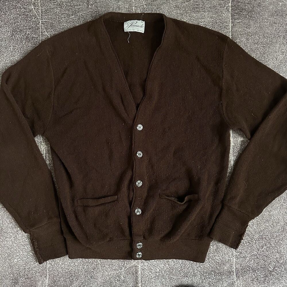 Men's Vintage 70's Pinnacle USA Acrylic Chocolate Brown Cardigan Sweater Sz M